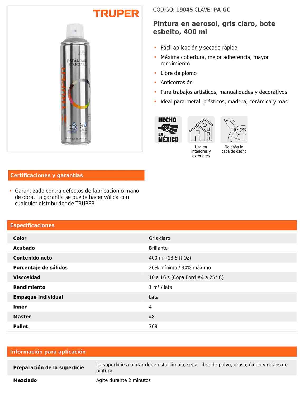 Pintura en aerosol gris claro bote esbelto de 400 ml