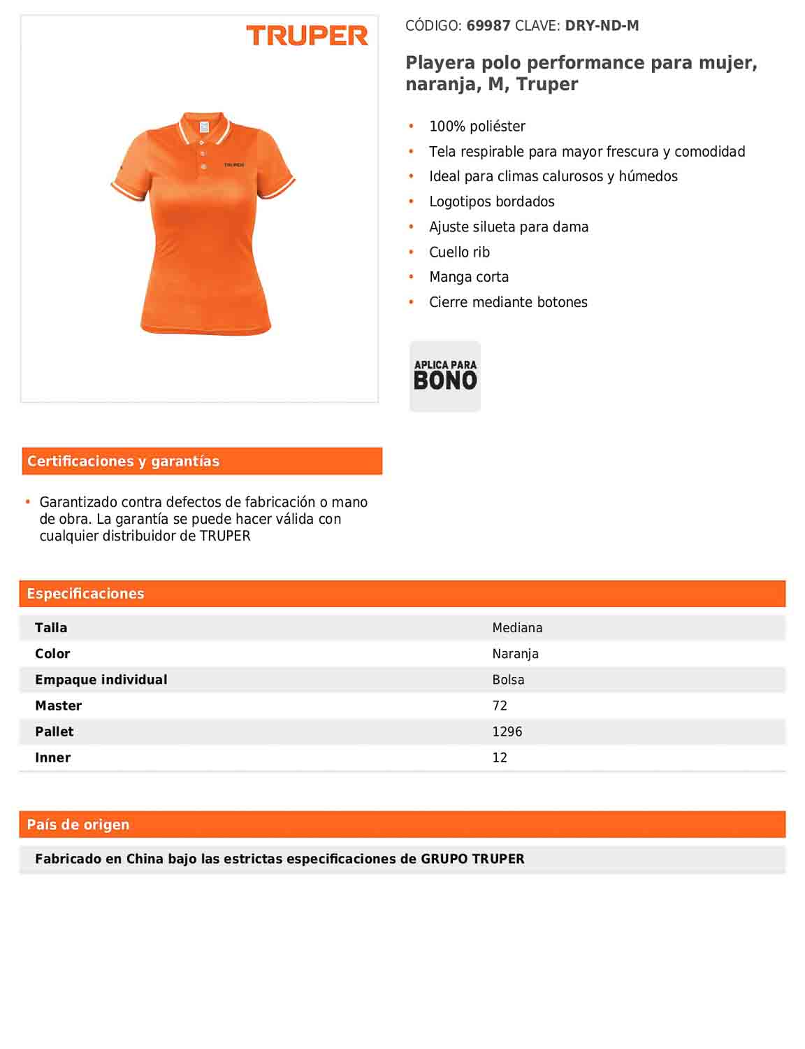Playera polo performance para mujer color naranja en talla M