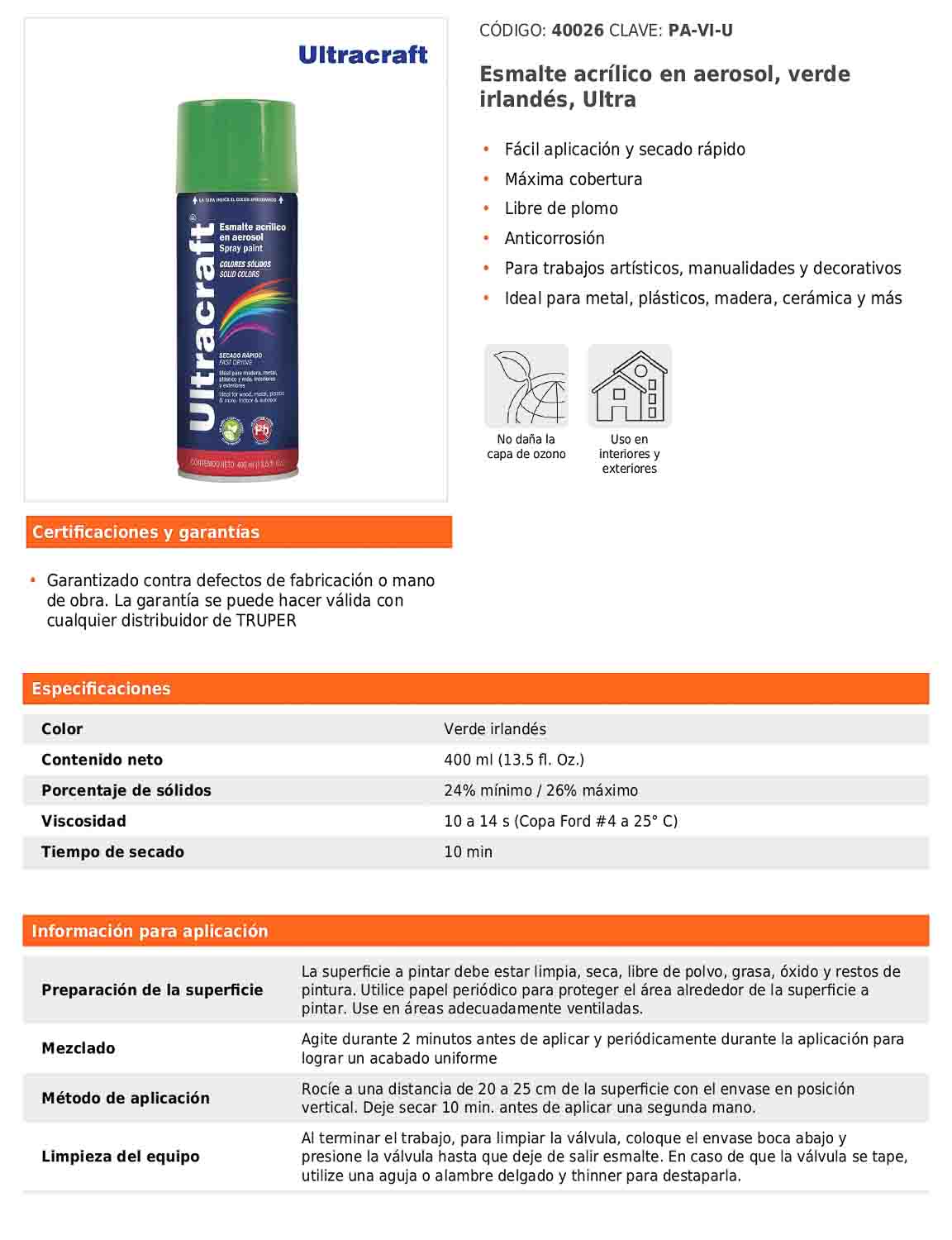 Esmalte acrílico en aerosol verde irlandés Ultra 400 ml