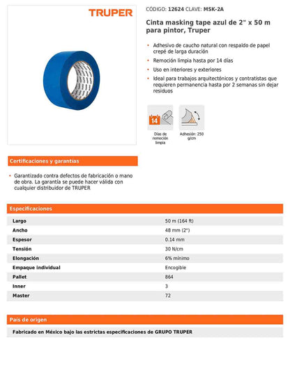 Cinta masking tape azul de 2" x 50 m para pintor