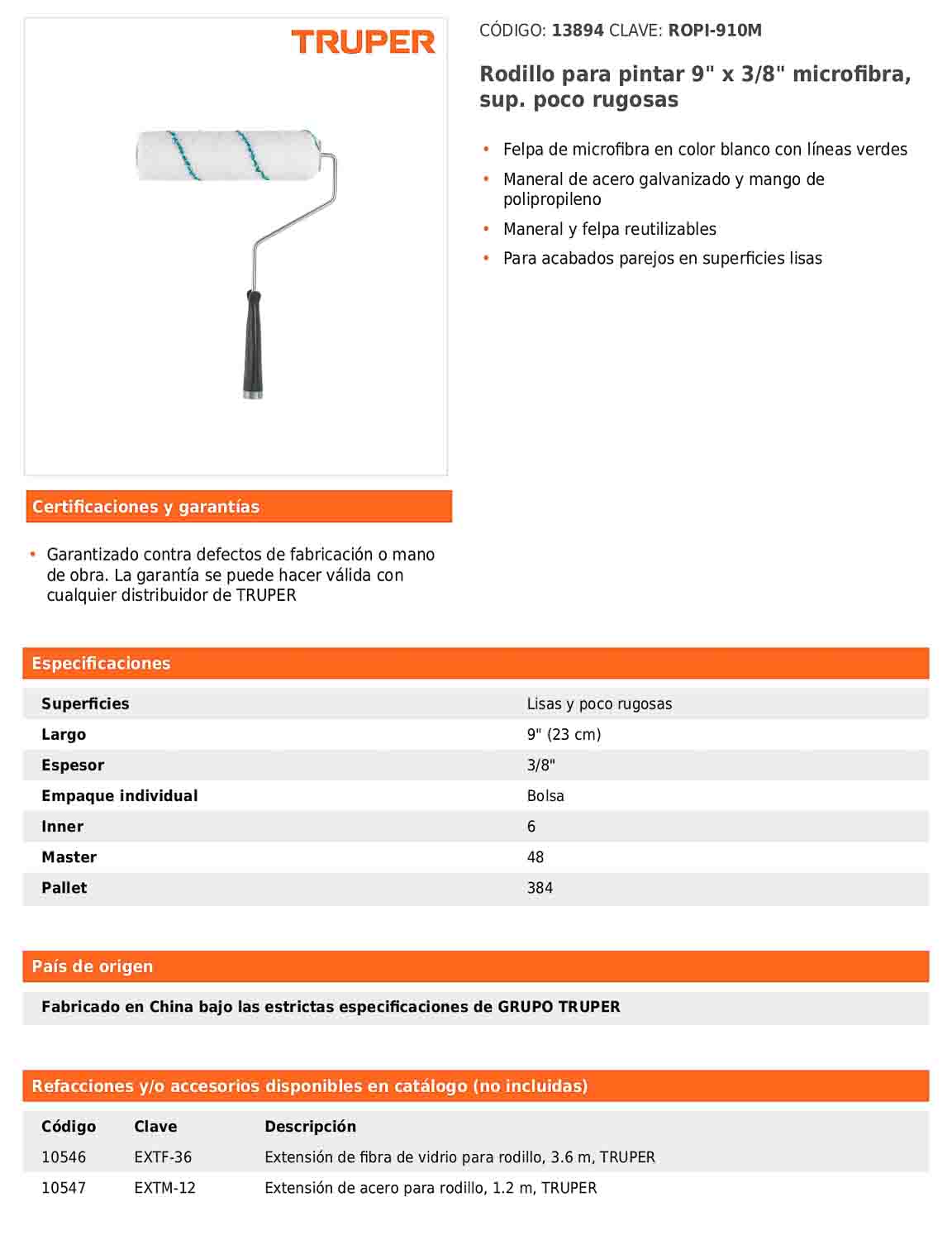 Rodillo para pintar de 9 pulgadas por 3/8 de microfibra para superficies lisas y poco rugosas
