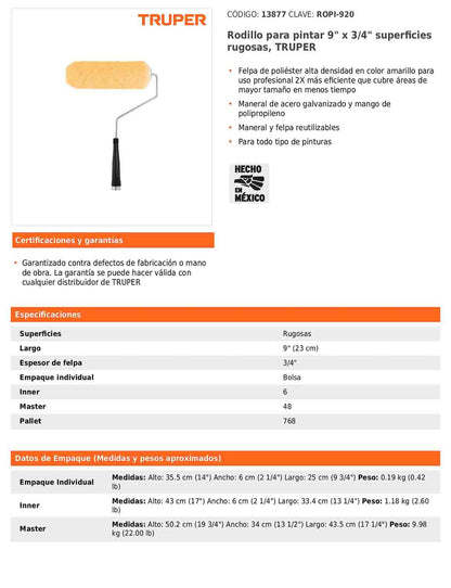 Rodillo para pintar de 9 pulgadas por 3/4 para superficies rugosas