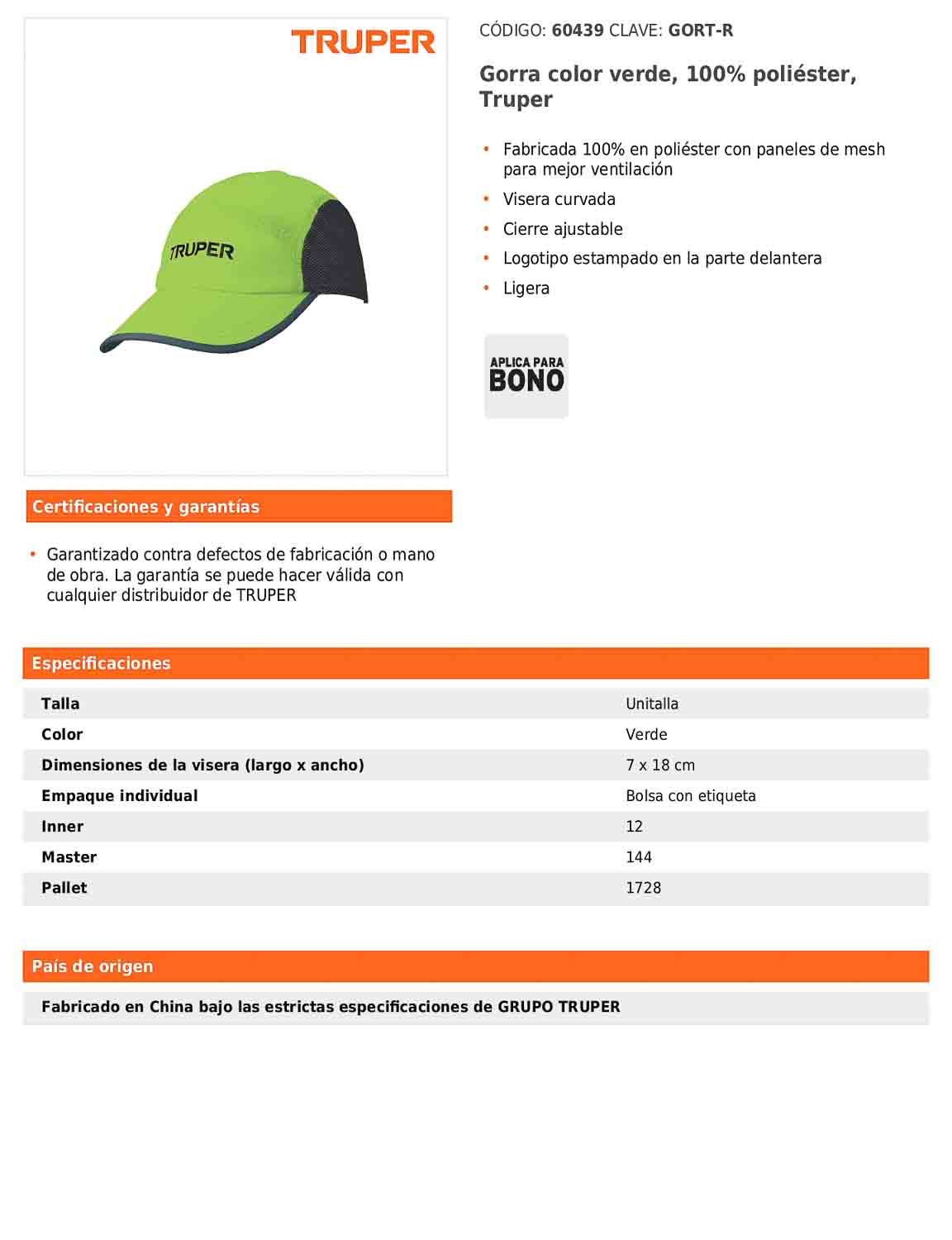 Gorra color verde 100% poliéster con visera curvada