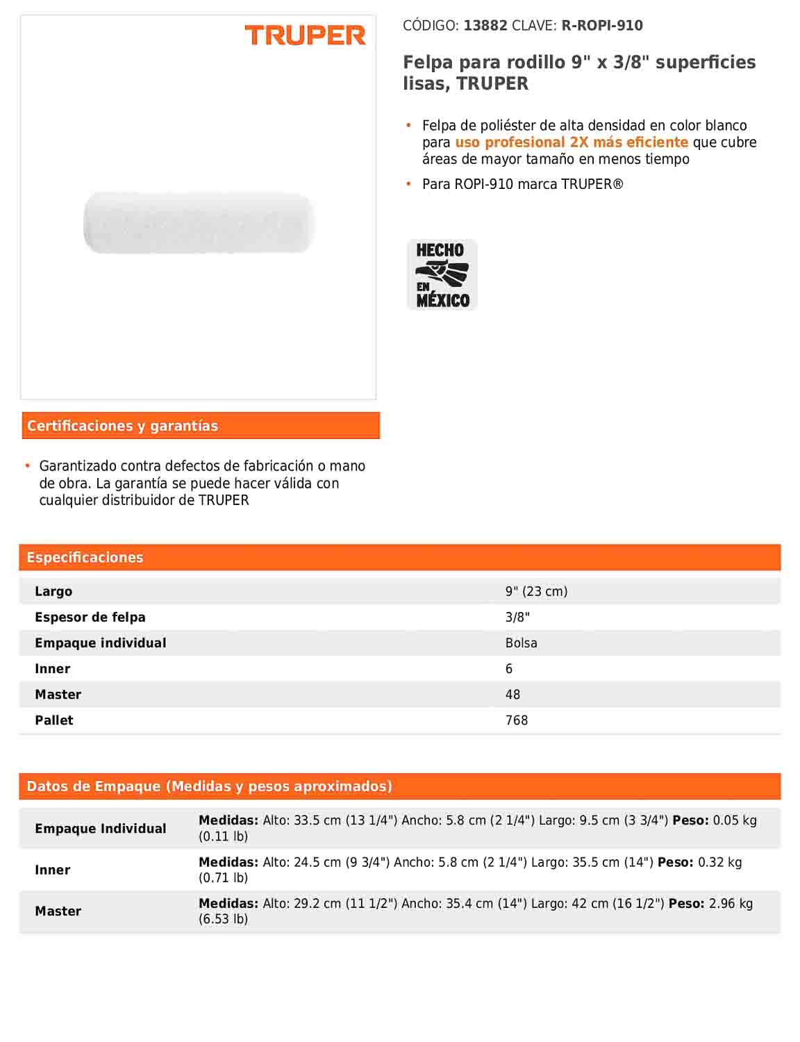 Felpa para rodillo de 9 pulgadas por 3/8 para superficies lisas