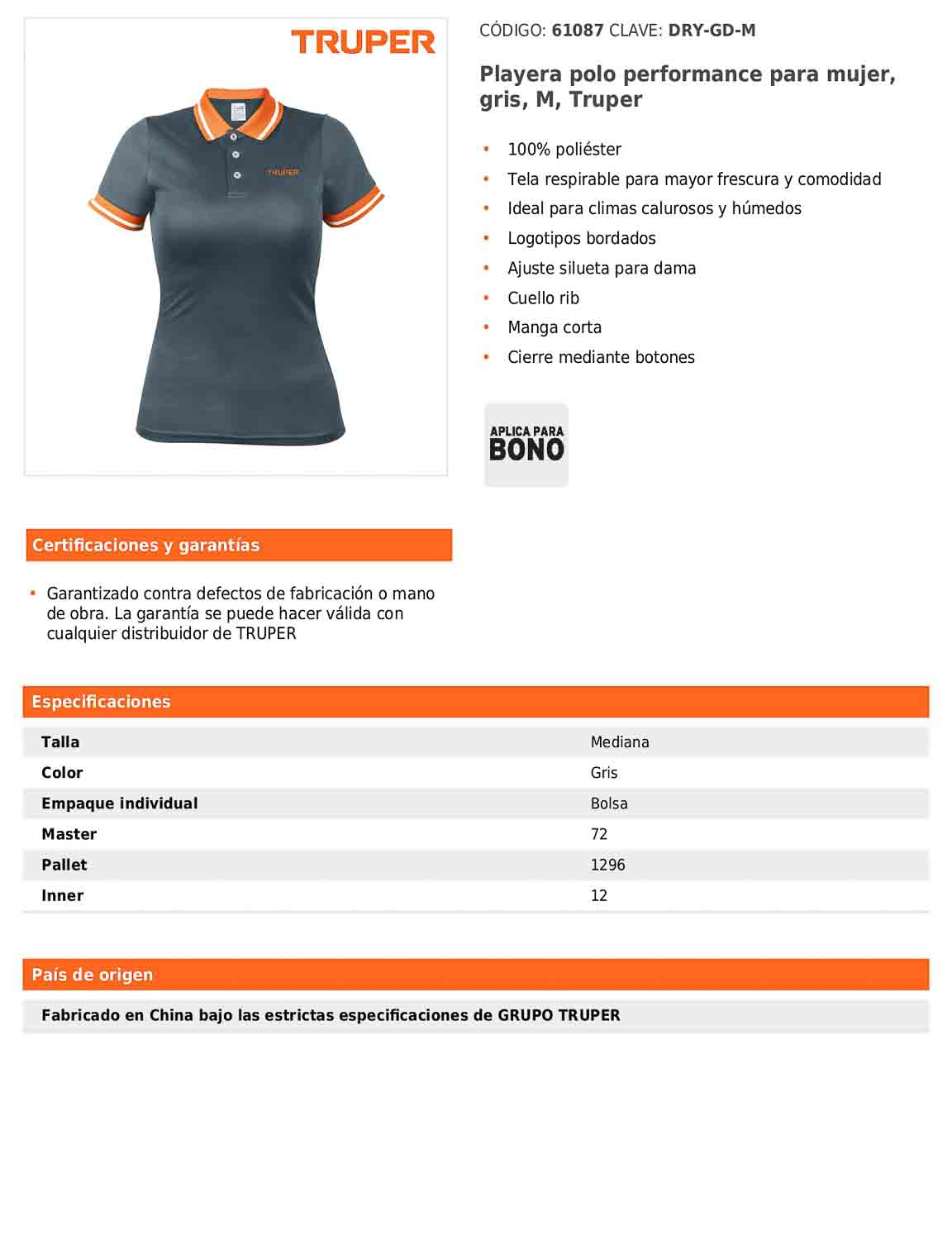 Playera polo performance para mujer color gris en talla M