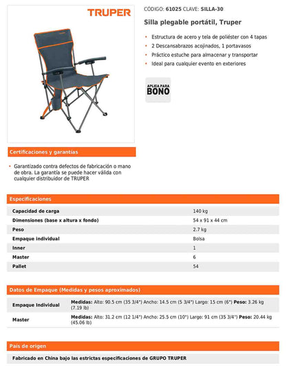 Silla plegable portátil con descansabrazos y estuche de transporte