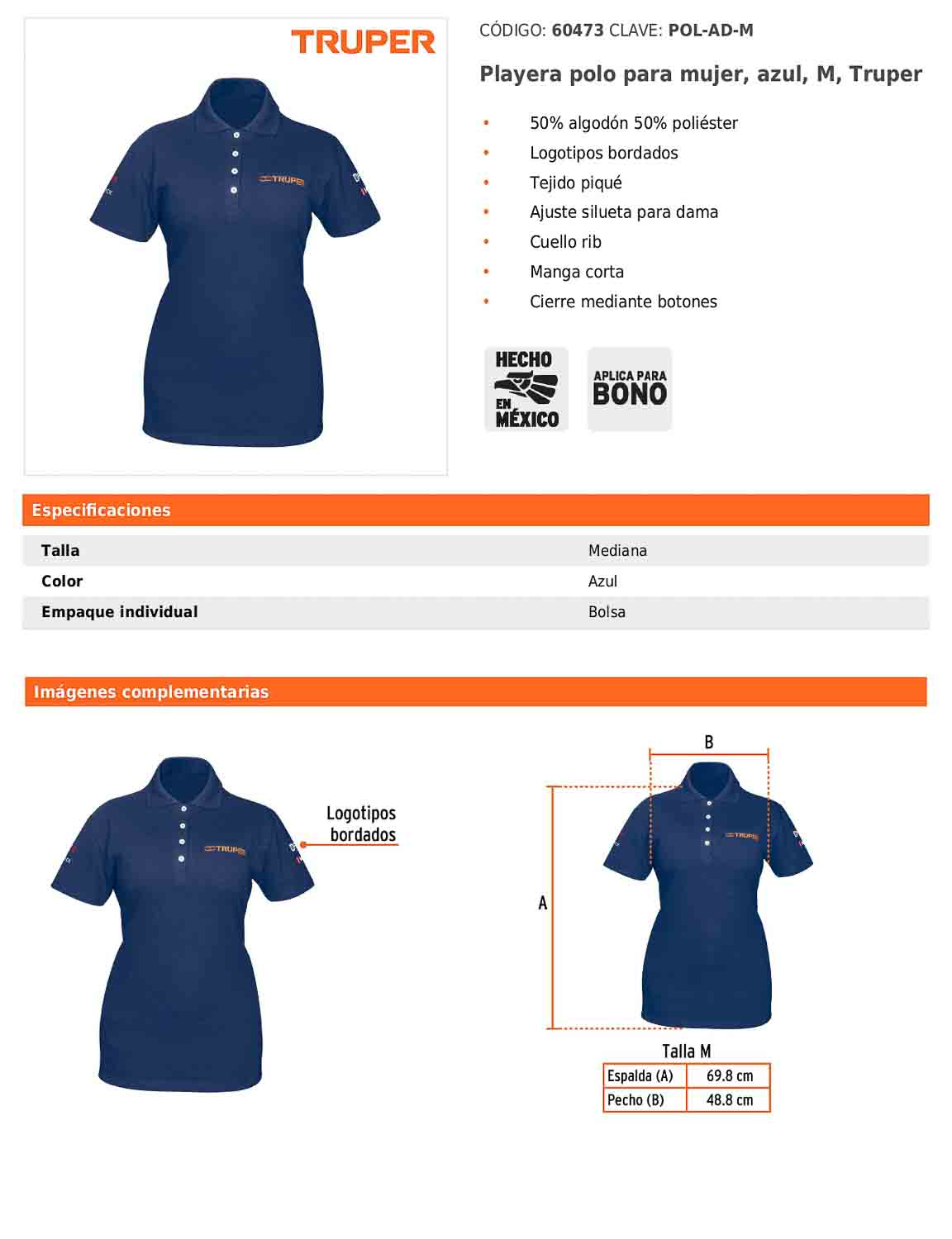 Playera polo para mujer color azul en talla M con tejido piqué