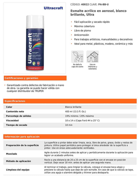 Esmalte acrílico en aerosol blanco brillante Ultra 400 ml