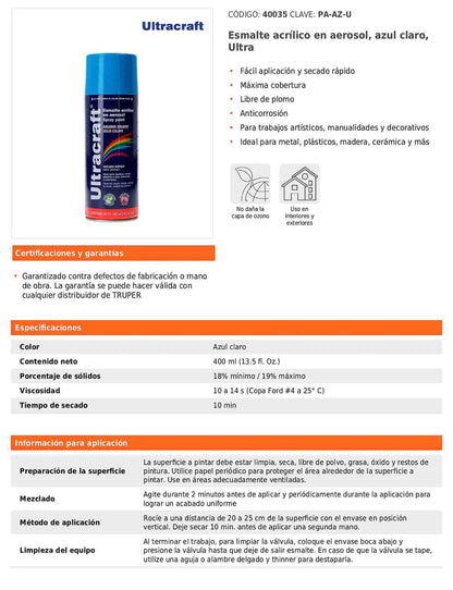 Esmalte acrílico en aerosol azul claro Ultra 400 mlEsmalte acrílico en aerosol azul claro Ultra 400 ml
