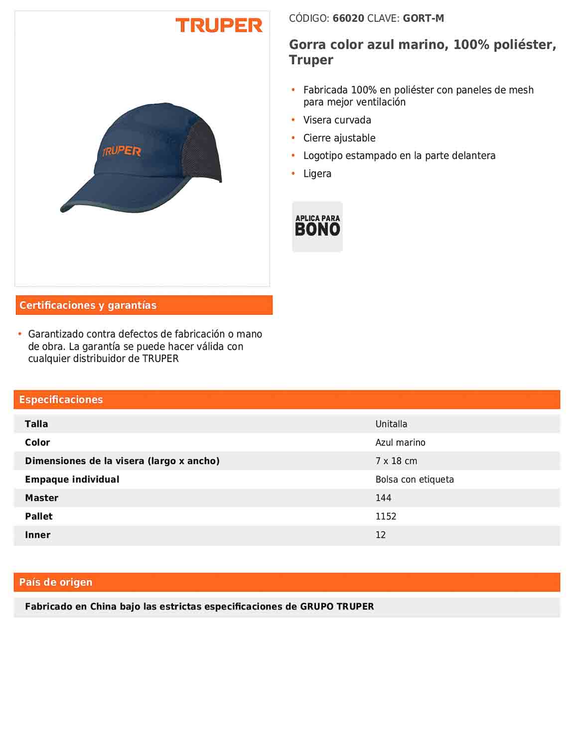 Gorra color azul marino 100% poliéster con visera curvada