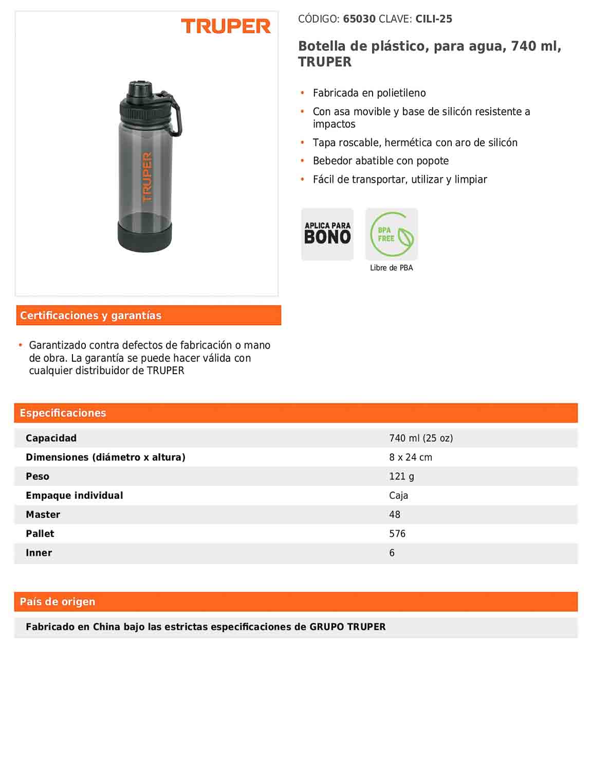 Botella de plástico para agua de 740 ml con bebedor abatible
