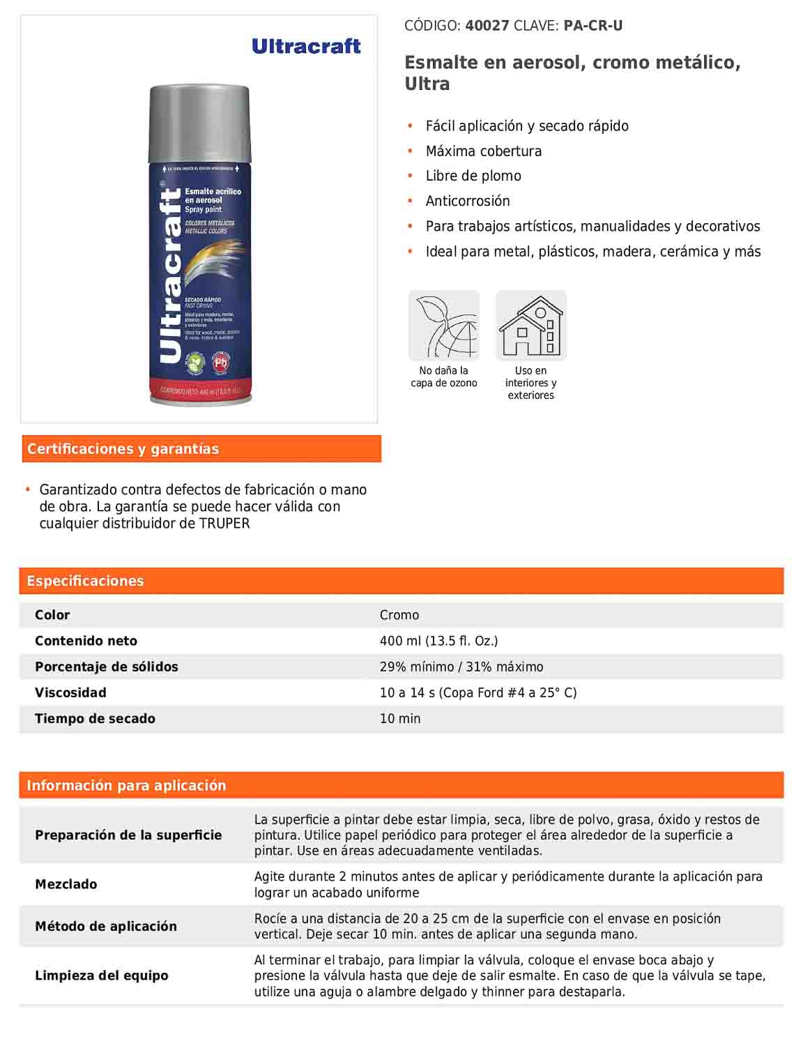 Esmalte en aerosol cromo metálico Ultra 400 ml