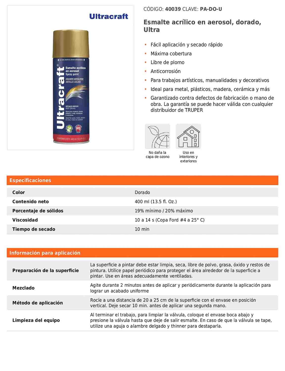 Esmalte acrílico en aerosol dorado Ultra 400 ml