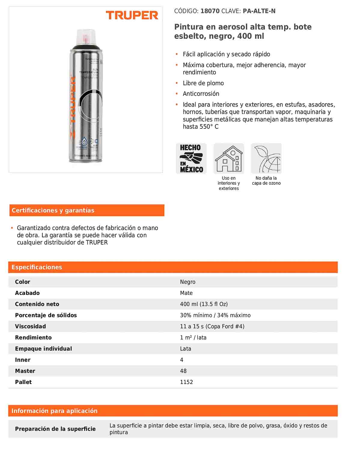 Pintura en aerosol alta temperatura negro bote esbelto 400 ml