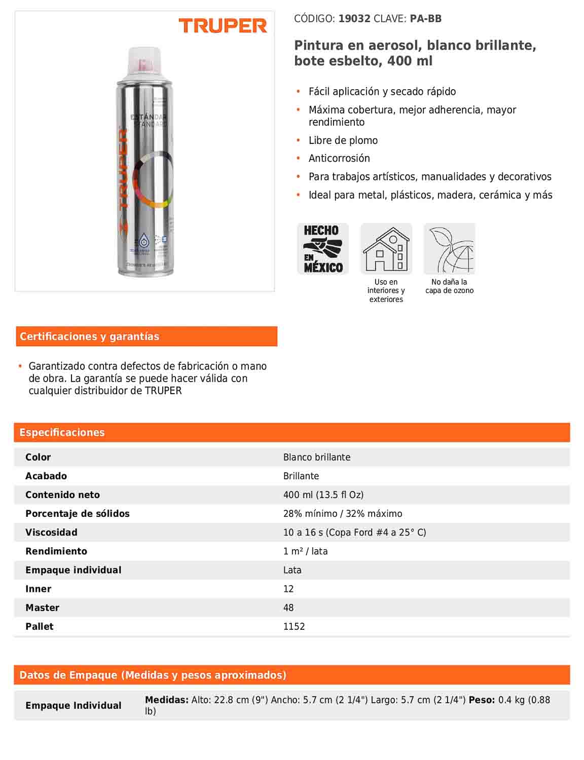 Pintura en aerosol blanco brillante bote esbelto de 400 ml