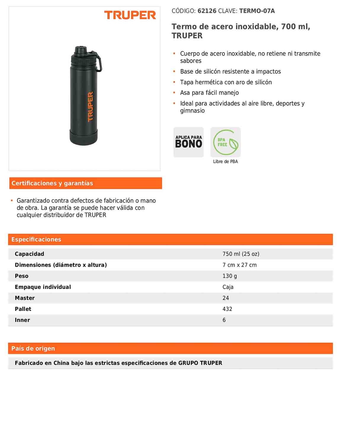 Termo de acero inoxidable de 700 ml con tapa hermética