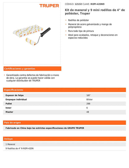 Kit de maneral y nueve mini rodillos de 4 pulgadas de poliéster