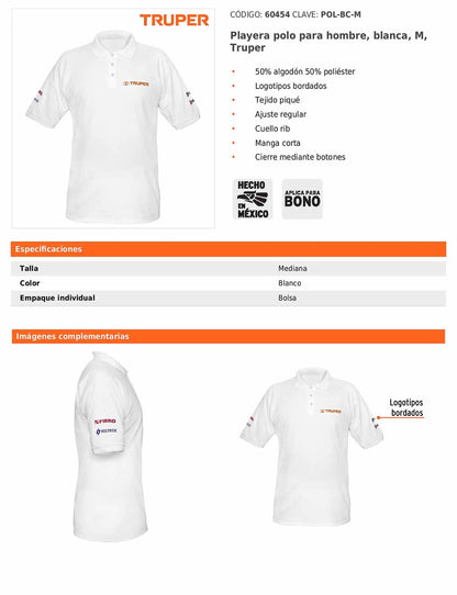 Playera polo para hombre color blanco en talla M con tejido piqué