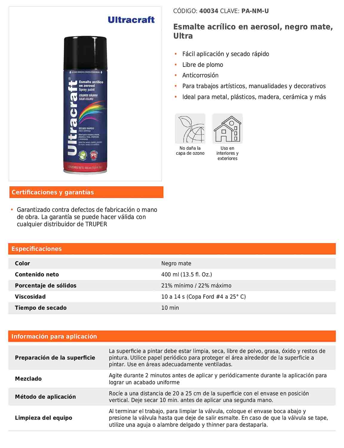 Esmalte acrílico en aerosol negro mate Ultra 400 ml