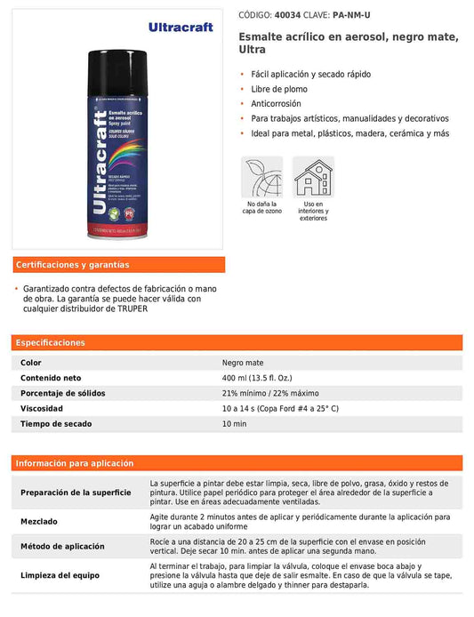 Esmalte acrílico en aerosol negro mate Ultra 400 ml