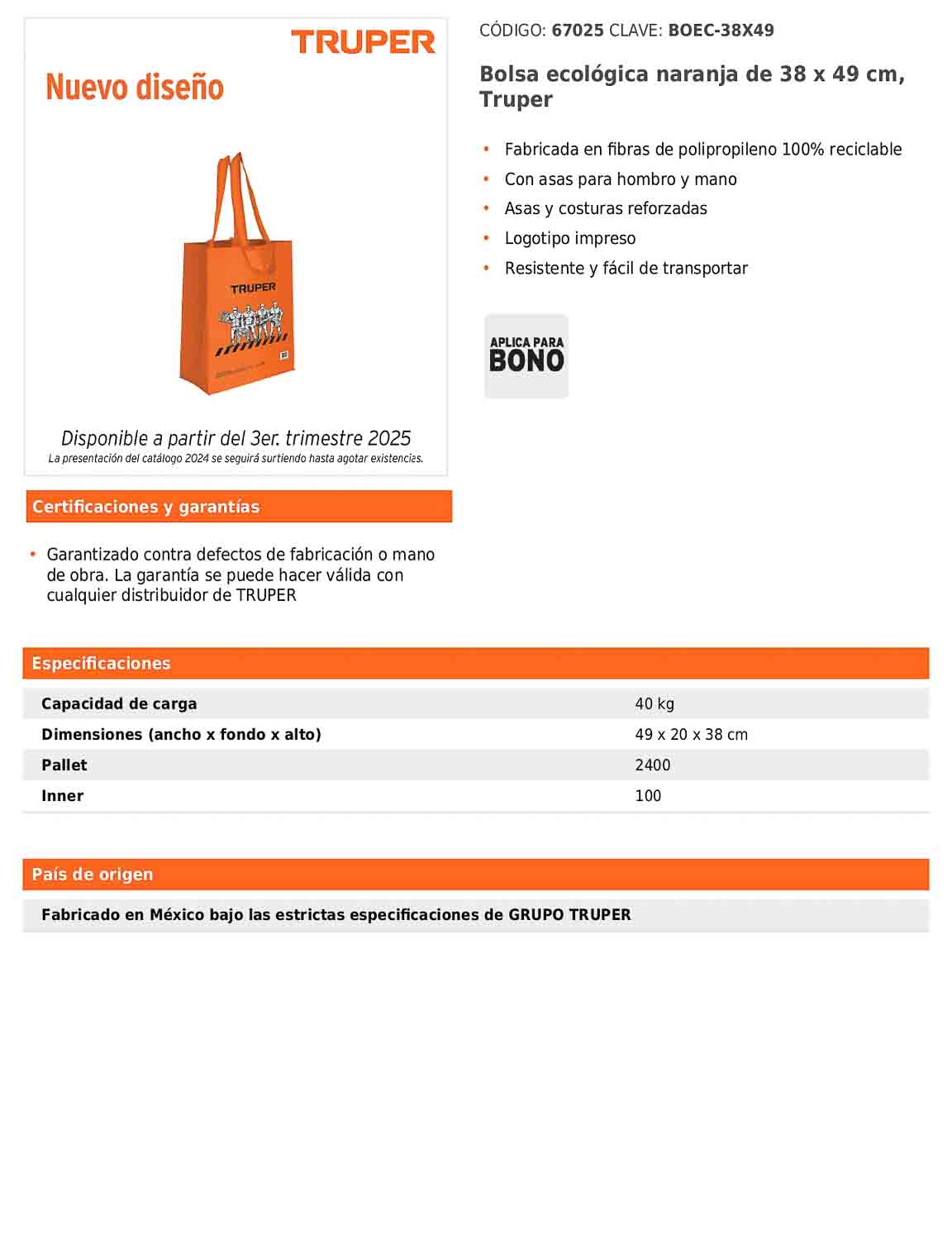 Bolsa ecológica naranja de 38 x 49 cm con asas reforzadas