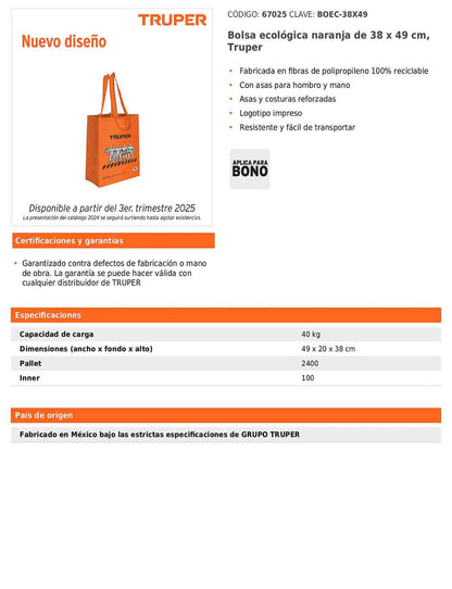 Bolsa ecológica naranja de 38 x 49 cm con asas reforzadas