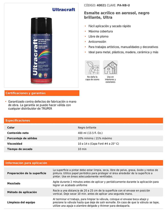 Esmalte acrílico en aerosol negro brillante Ultra 400 ml