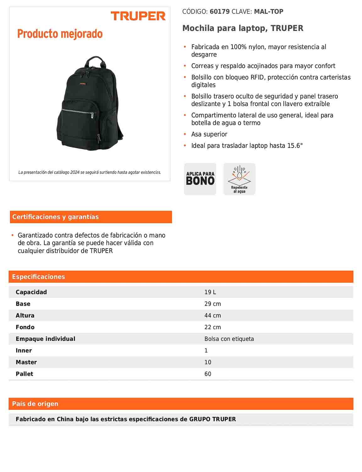 Mochila para laptop de 19 L con bolsillo RFID
