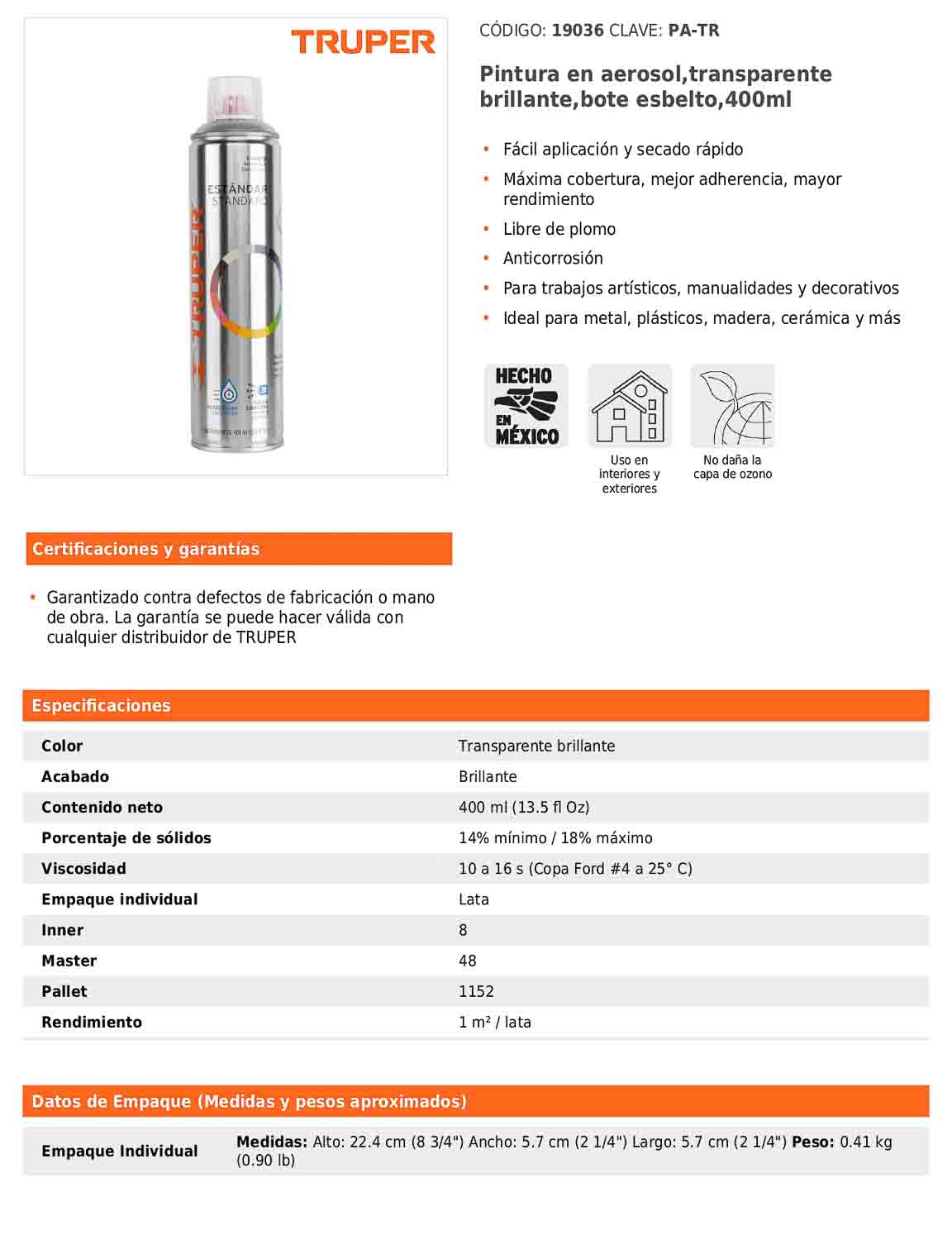 Pintura en aerosol transparente brillante bote esbelto 400 ml