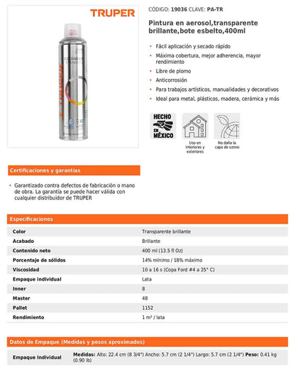 Pintura en aerosol transparente brillante bote esbelto 400 ml