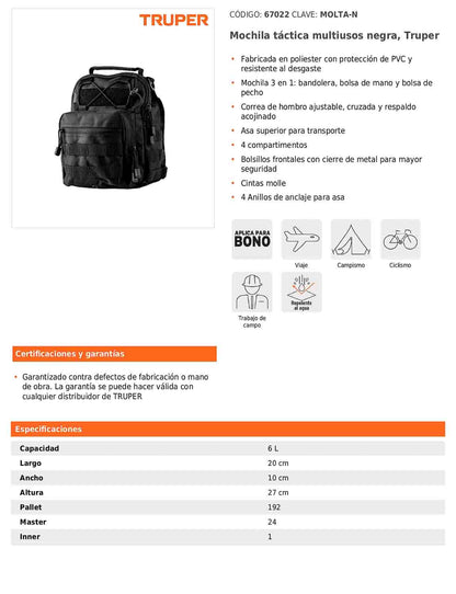 Mochila táctica multiusos negra de 6 L con diseño 3 en 1
