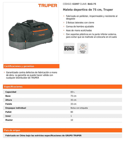 Maleta deportiva de 75 cm con correas ajustables