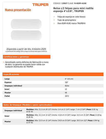 Felpas para mini rodillo de esponja de 4 pulgadas por 3/8