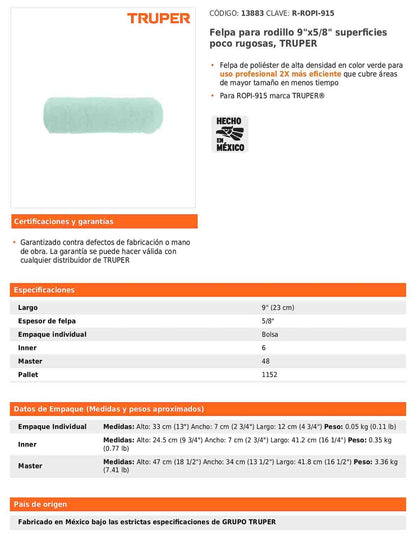 Felpa para rodillo de 9 pulgadas por 5/8 para superficies poco rugosas