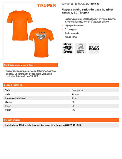 Playera cuello redondo para hombre color naranja en talla EG