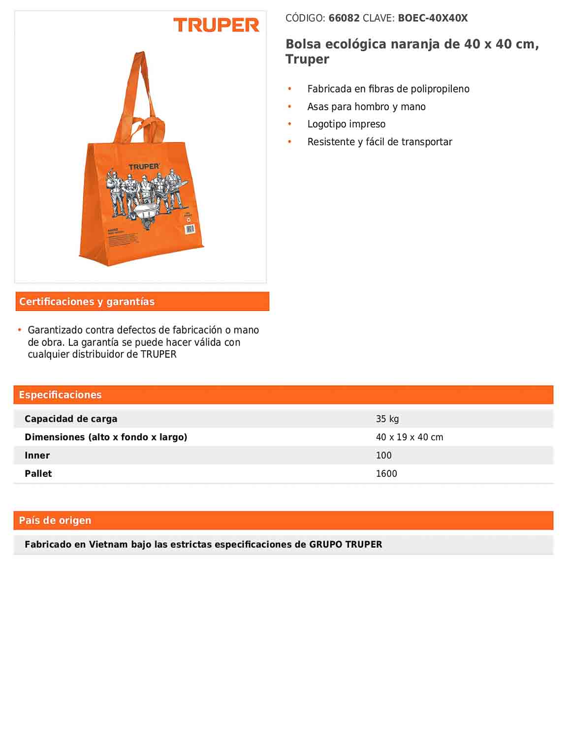 Bolsa ecológica naranja de 40 x 40 cm con asas para hombro y mano