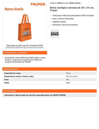 Bolsa ecológica naranja de 30 x 34 cm con costuras reforzadas