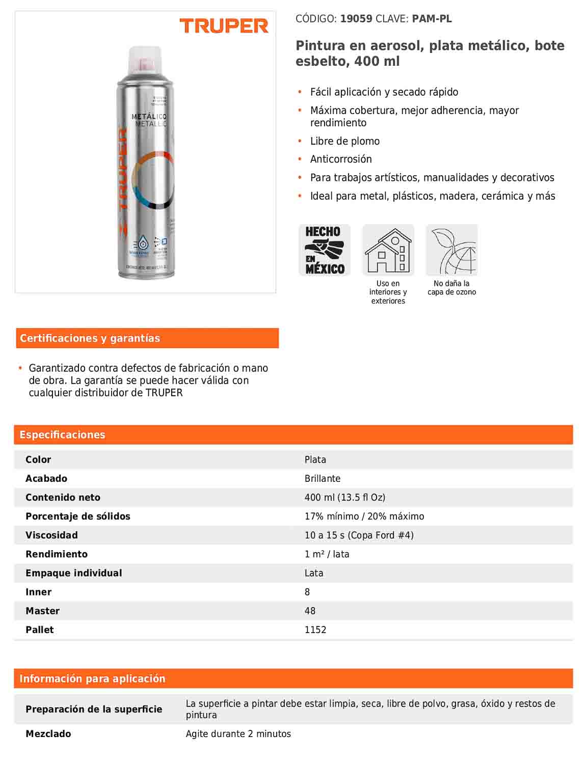 Pintura en aerosol plata metálico bote esbelto 400 ml