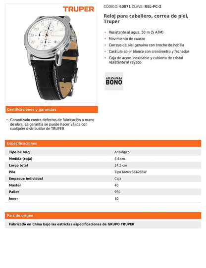 Reloj para caballero con correa de piel y resistencia al agua 50 m