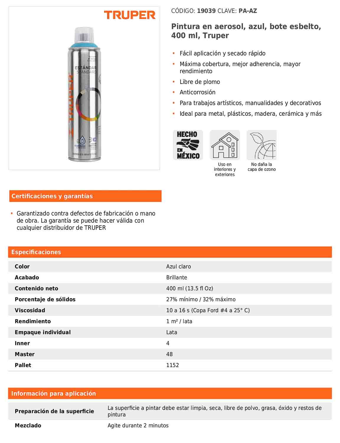 Pintura en aerosol azul bote esbelto 400 ml