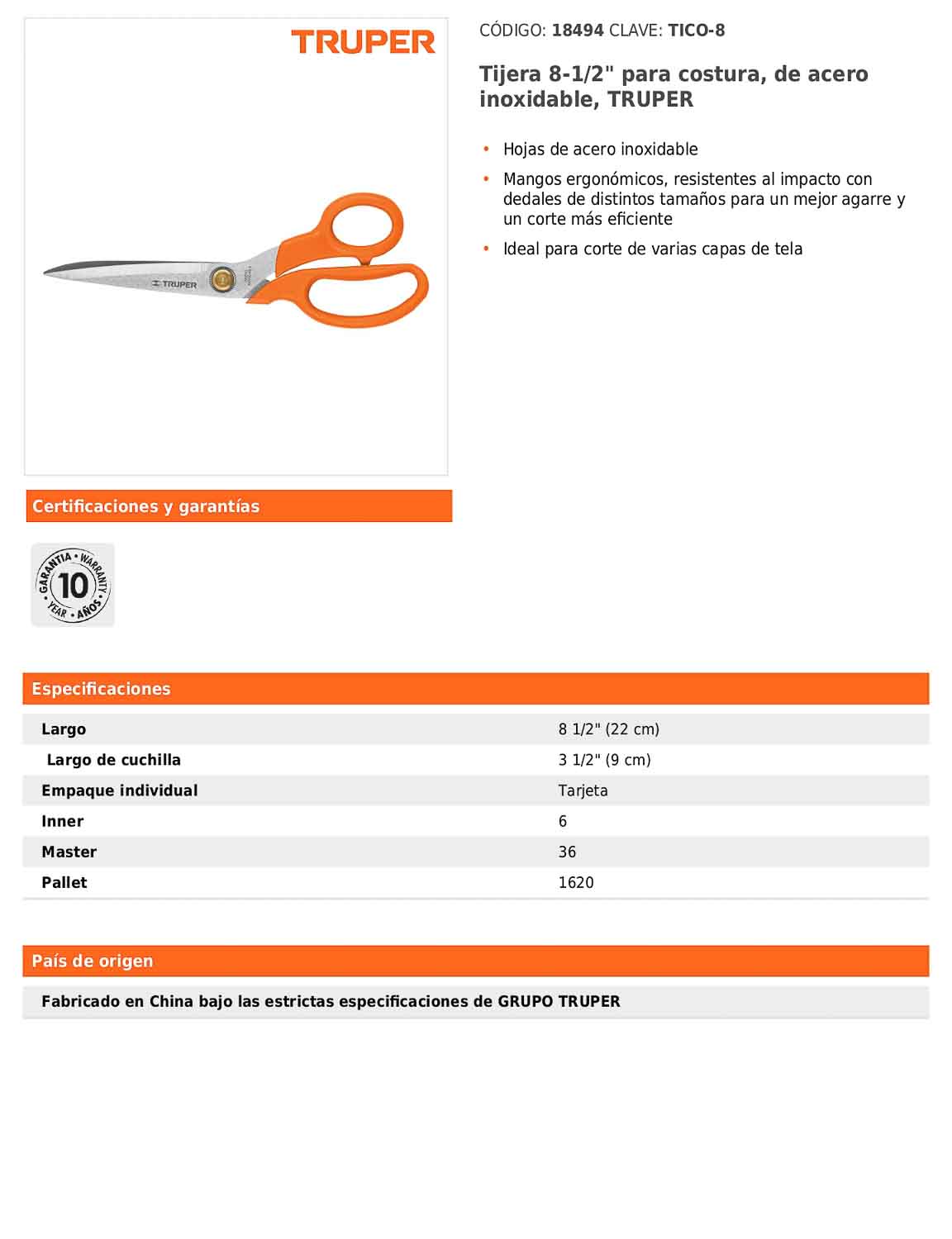 Tijera para costura de acero inoxidable 8.5 pulgadas