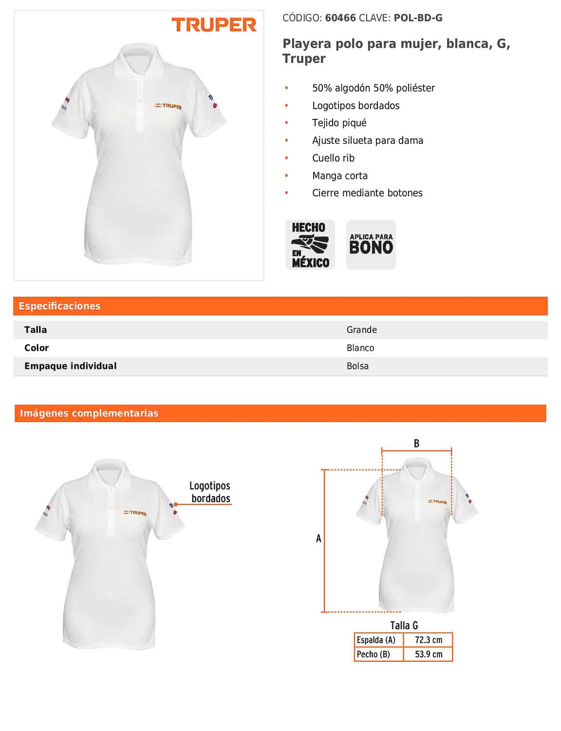 Playera polo para mujer color blanco en talla G con tejido piqué