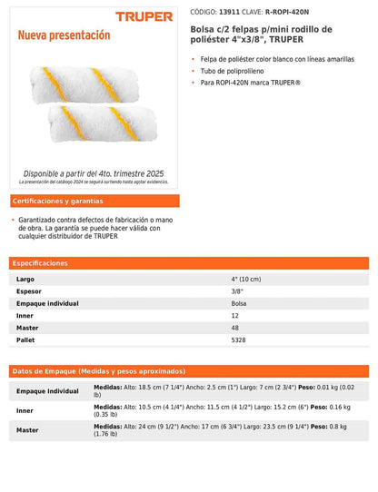 Felpas para mini rodillo de 4 pulgadas por 3/8 de poliéster