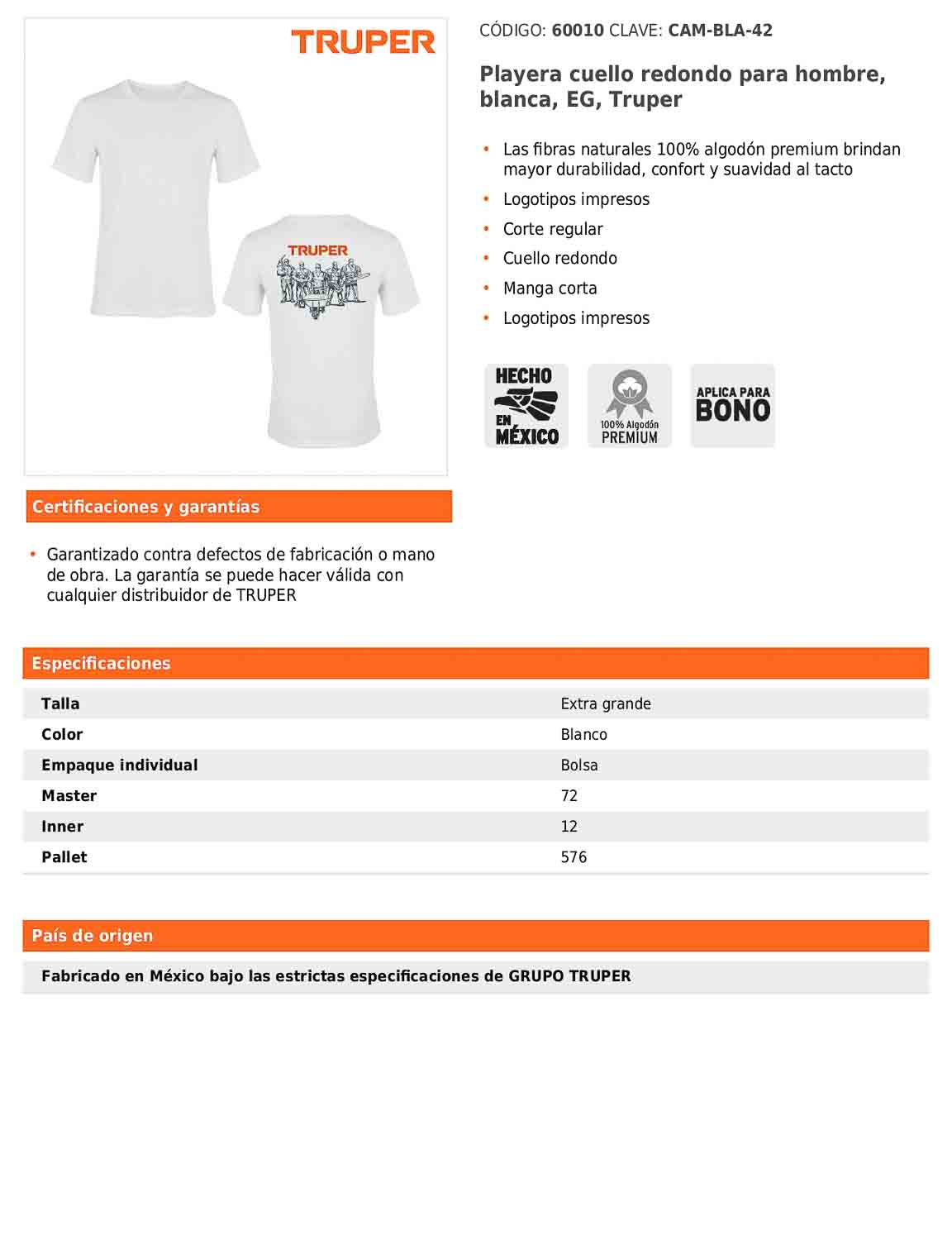 Playera cuello redondo para hombre color blanco en talla EG