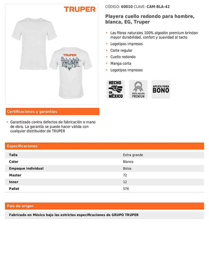 Playera cuello redondo para hombre color blanco en talla EG