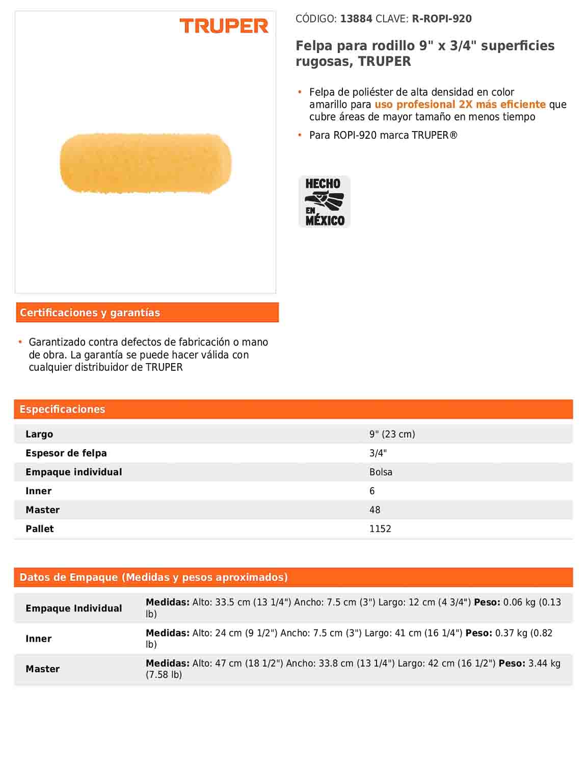 Felpa para rodillo de 9 pulgadas por 3/4 para superficies rugosas