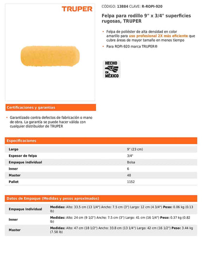 Felpa para rodillo de 9 pulgadas por 3/4 para superficies rugosas
