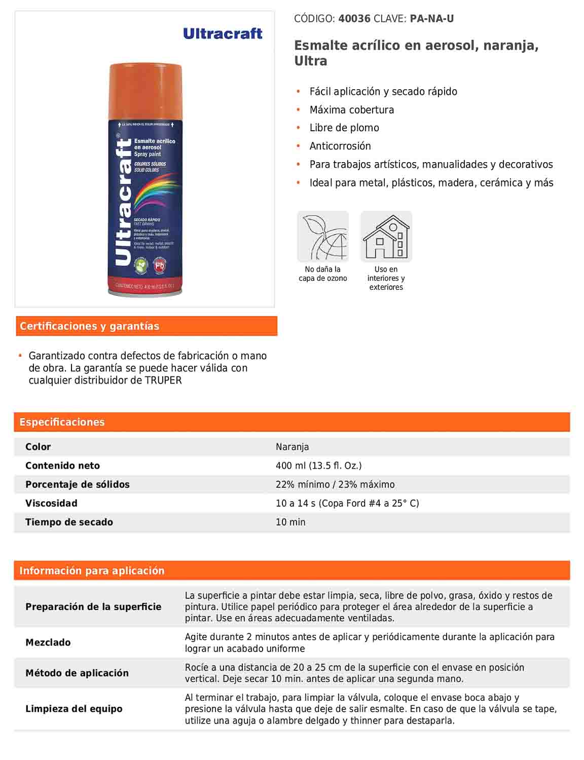 Esmalte acrílico en aerosol naranja Ultra 400 ml