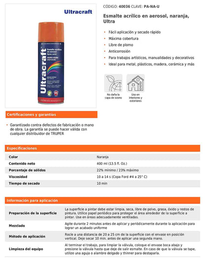 Esmalte acrílico en aerosol naranja Ultra 400 ml