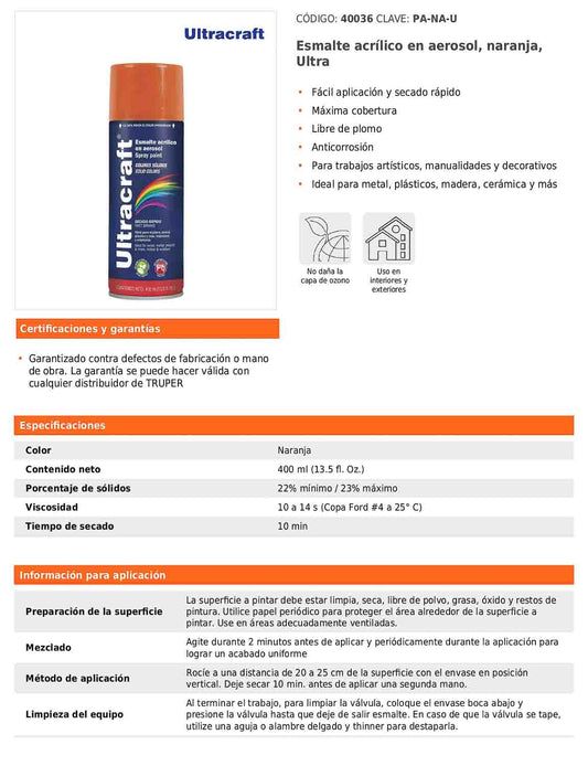 Esmalte acrílico en aerosol naranja Ultra 400 ml